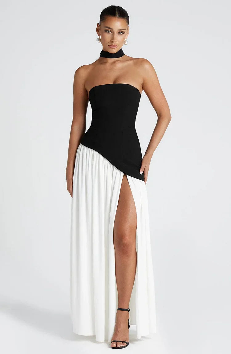 Strapless Maxi Dress with Chiffon Skirt and Thigh Split