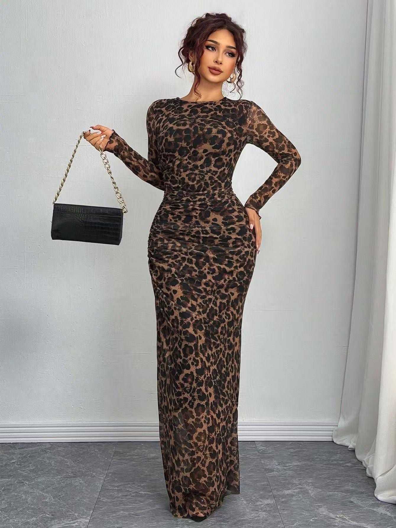 Comfy Printed Long Sleeve Round Neck Bodycon Maxi Dress