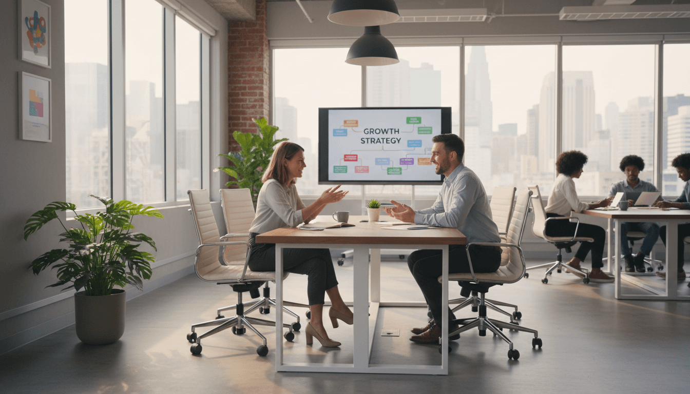 Professional coaching session in a modern office setting with natural light