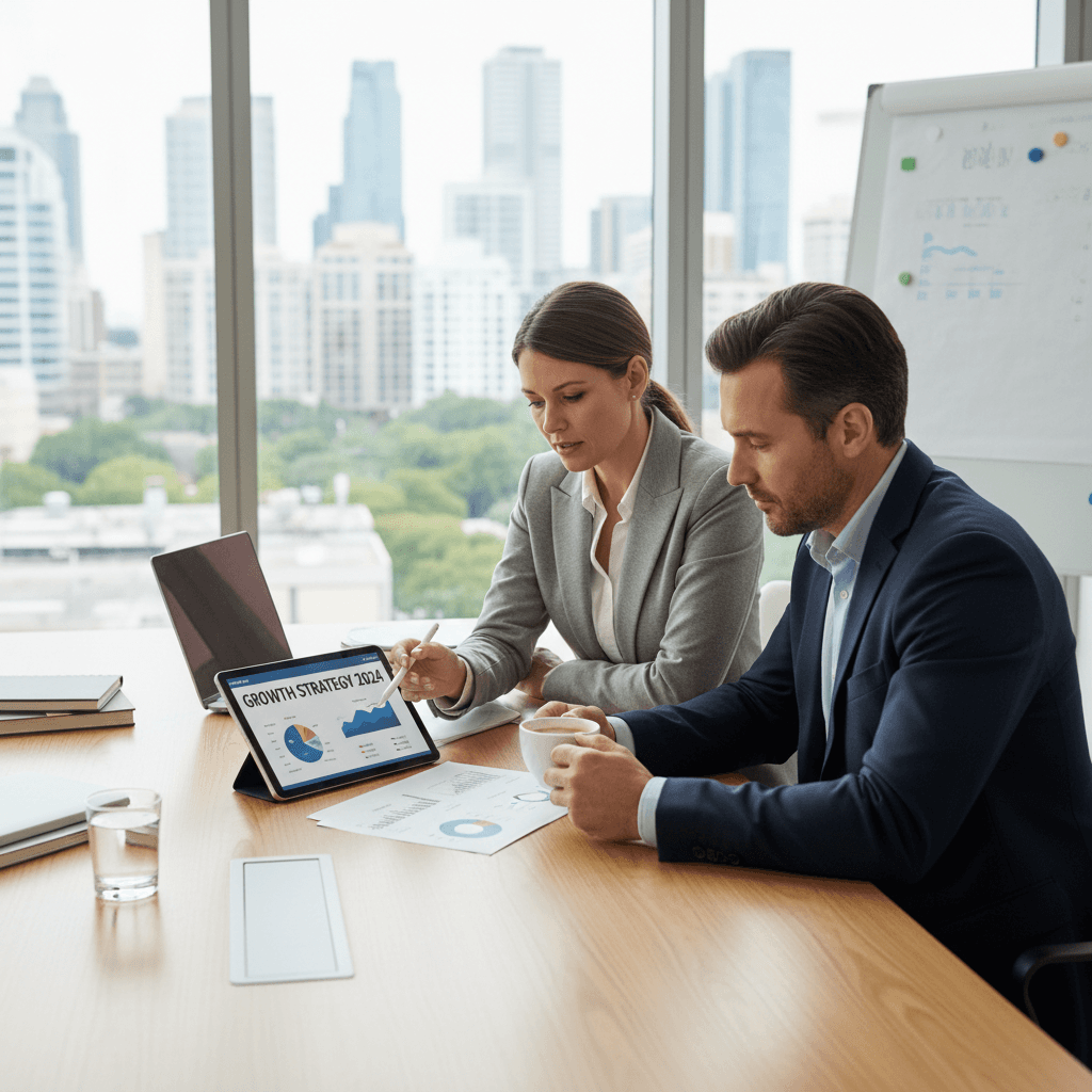 professional consultant reviewing strategy document with client at modern desk