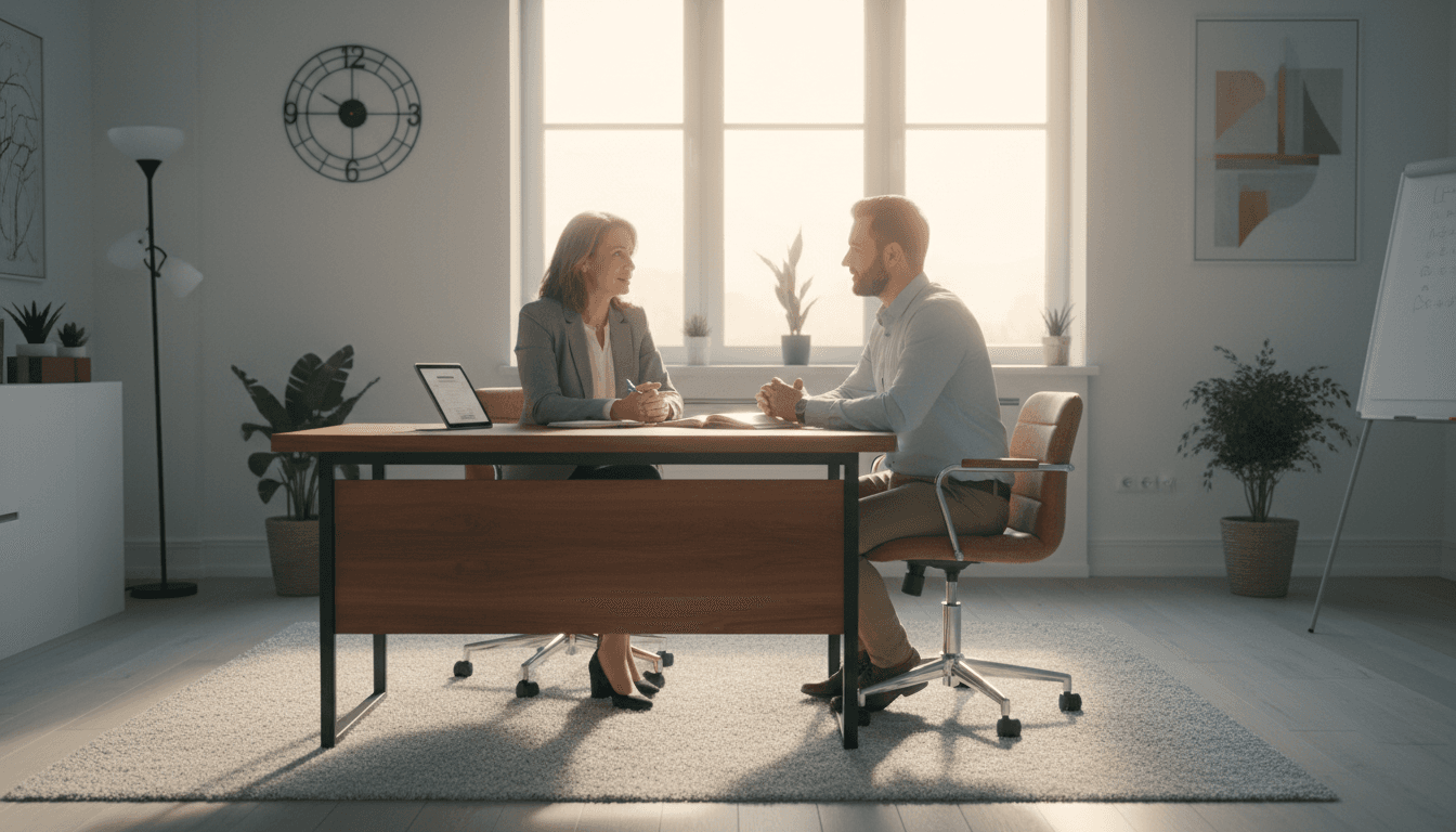 Professional coach in a modern office setting guiding a client through a coaching session