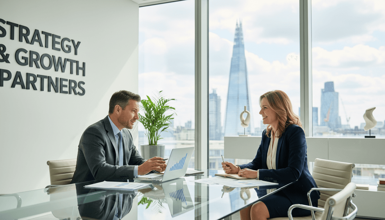 Professional man and woman in focused discussion at a modern office