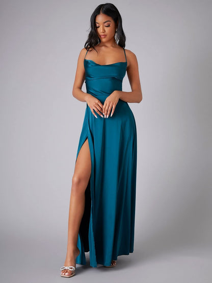 Satin Cowl Neck Backless Slit Maxi Dress