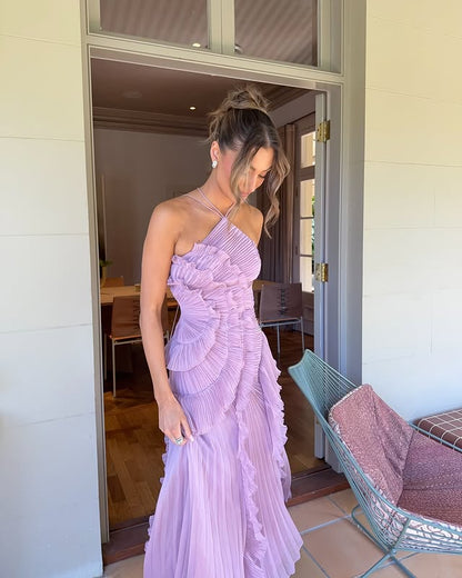 Elegant Ruffle Maxi Dress with Halter Neckline