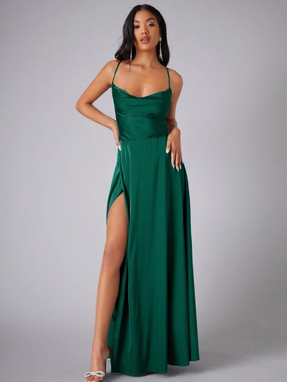 Satin Cowl Neck Backless Slit Maxi Dress
