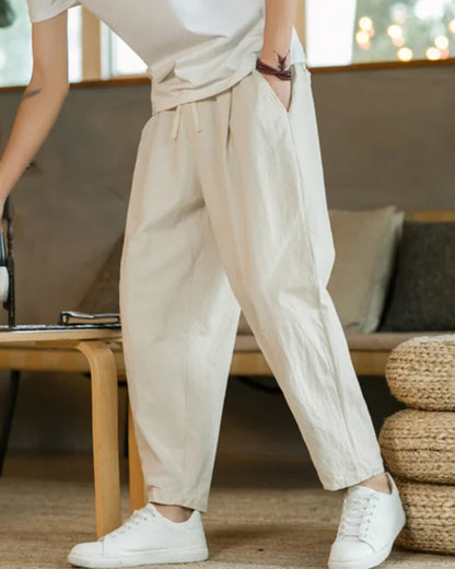 Cotton-Linen Trousers with Elastic Waist