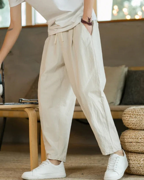 Cotton-Linen Trousers with Elastic Waist