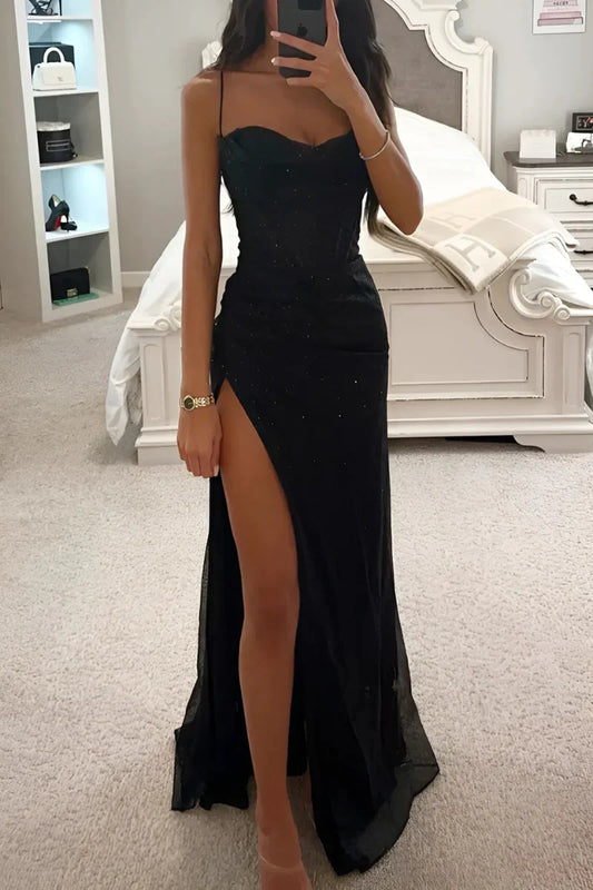 Summer Shimmer Corset Maxi Dress with Slit & Spaghetti Straps
