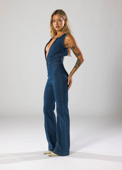 Denim Jumpsuit – Deep V-Neck & Flared Legs