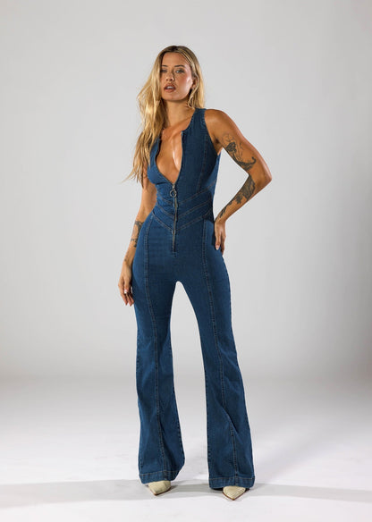 Denim Jumpsuit – Deep V-Neck & Flared Legs