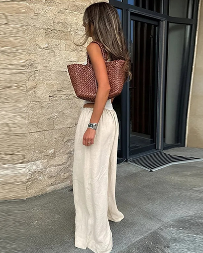 Wide Leg Linen Trousers with Elasticated Waist