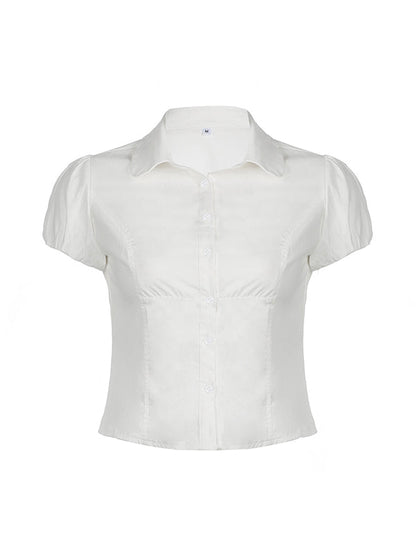 Vintage Slim Waist V-Neck Short Sleeve Shirt