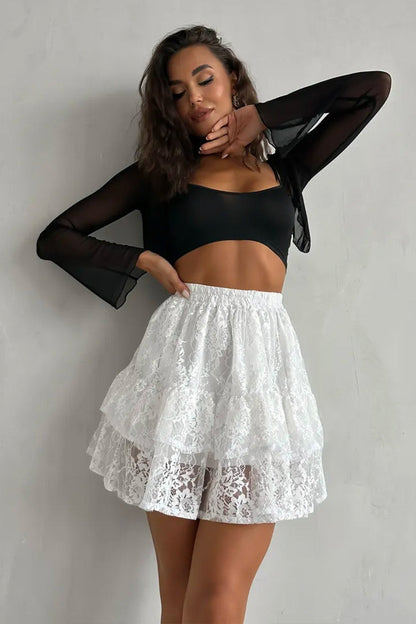 Sheer Lace Jacquard Tiered Mini Skirt for Women