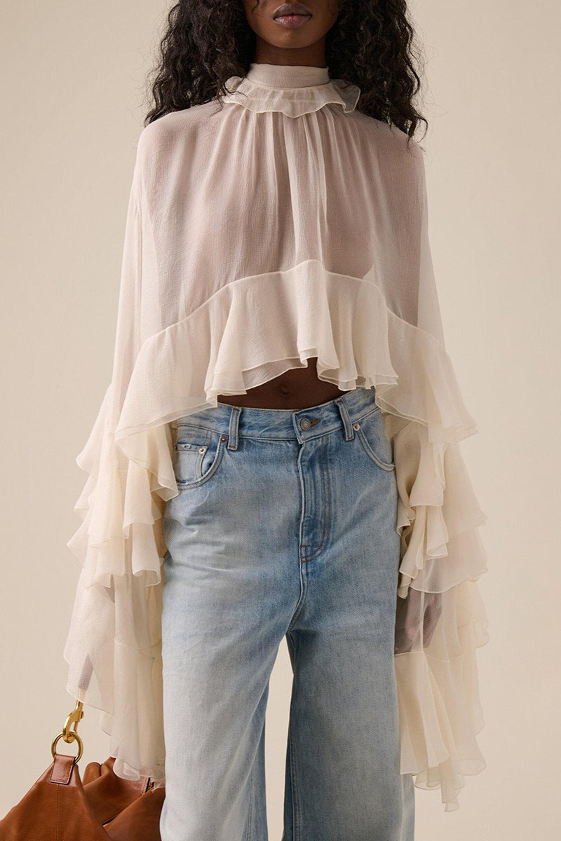 Chiffon Tiered Ruffle Crop Blouse for Women