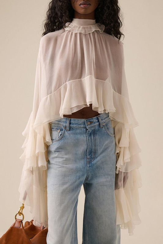 Chiffon Tiered Ruffle Crop Blouse for Women