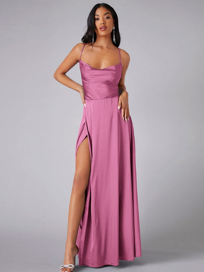 Satin Cowl Neck Backless Slit Maxi Dress