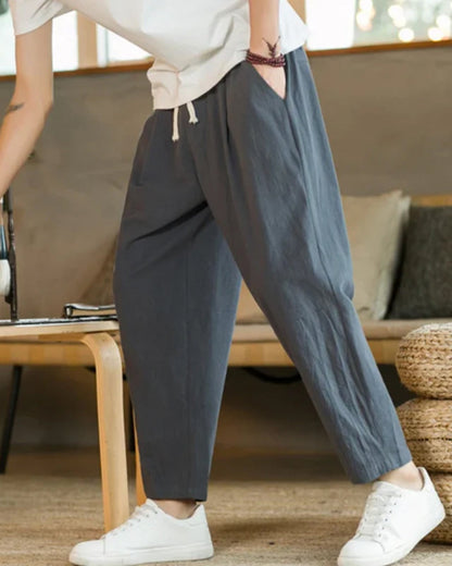 Cotton-Linen Trousers with Elastic Waist