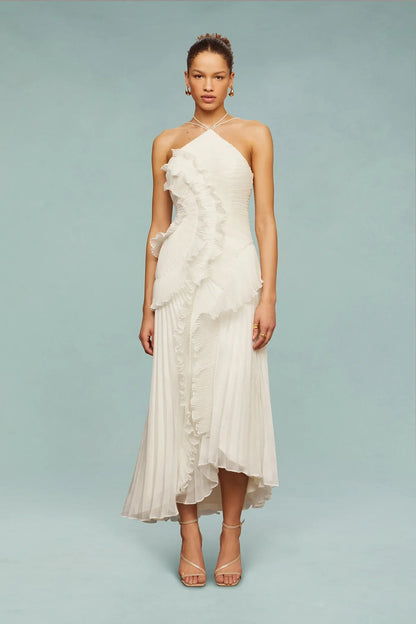 Elegant Ruffle Maxi Dress with Halter Neckline