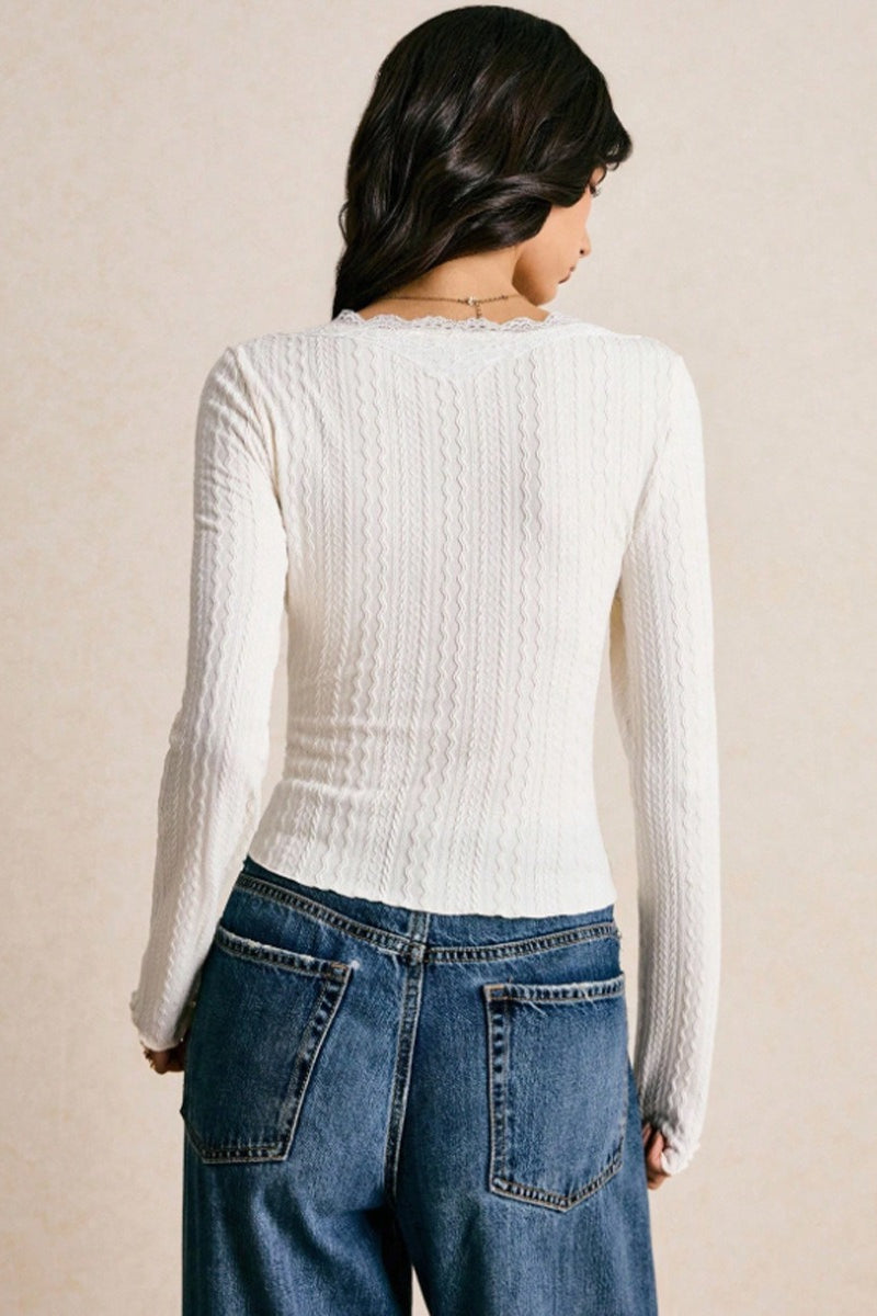 Slim Fit Lace V-Neck Long Sleeve Blouse for Women