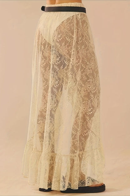 Lace Insert High Waist Asymmetrical Midi Skirt for Women
