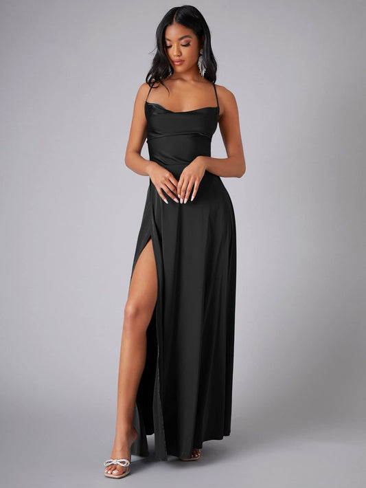 Satin Cowl Neck Backless Slit Maxi Dress