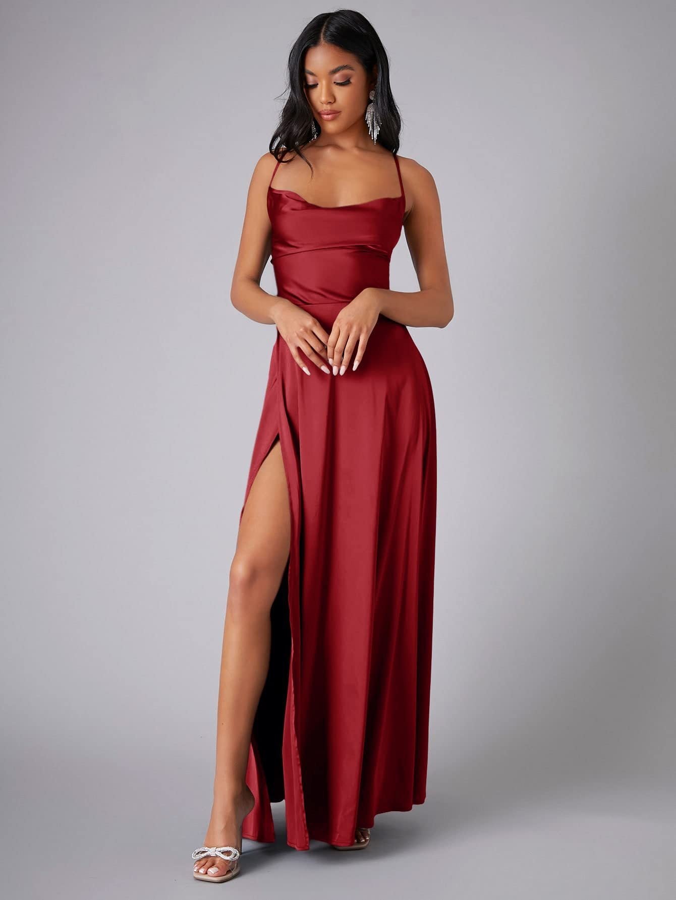Satin Cowl Neck Backless Slit Maxi Dress