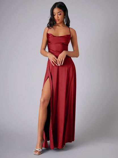 Satin Cowl Neck Backless Slit Maxi Dress