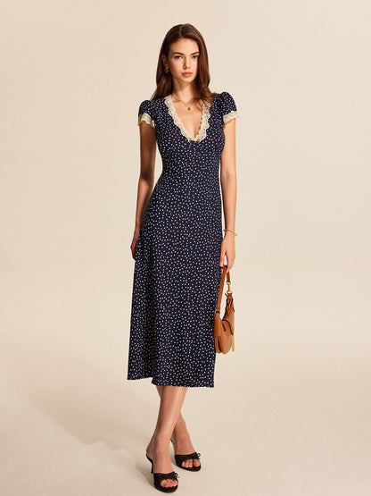 Polka Dot Lace-Trim V-Neck Maxi Dress
