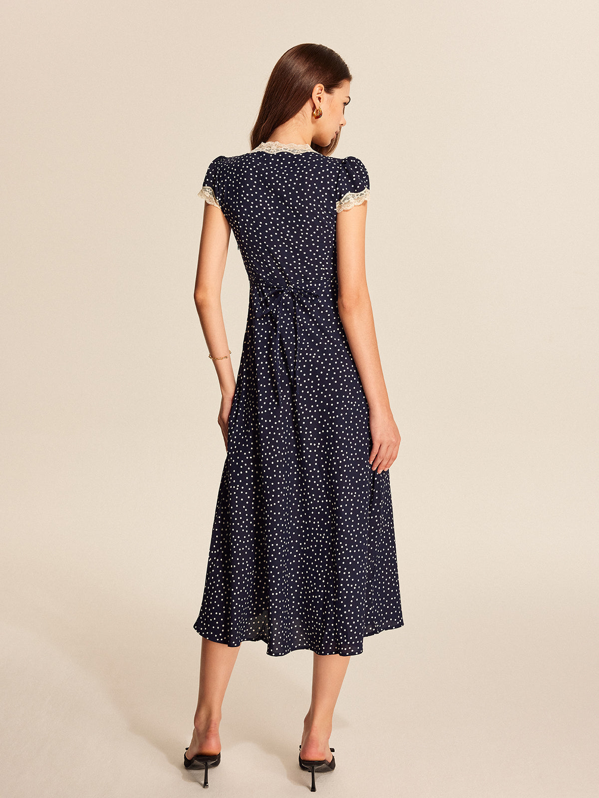 Polka Dot Lace-Trim V-Neck Maxi Dress