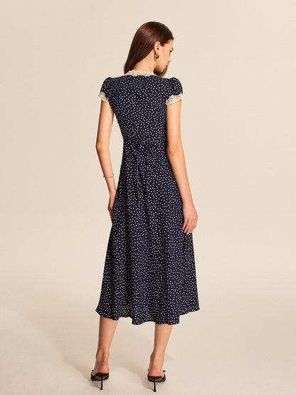 Polka Dot Lace-Trim V-Neck Maxi Dress