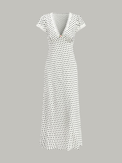 Polka Dot Lace-Trim V-Neck Maxi Dress