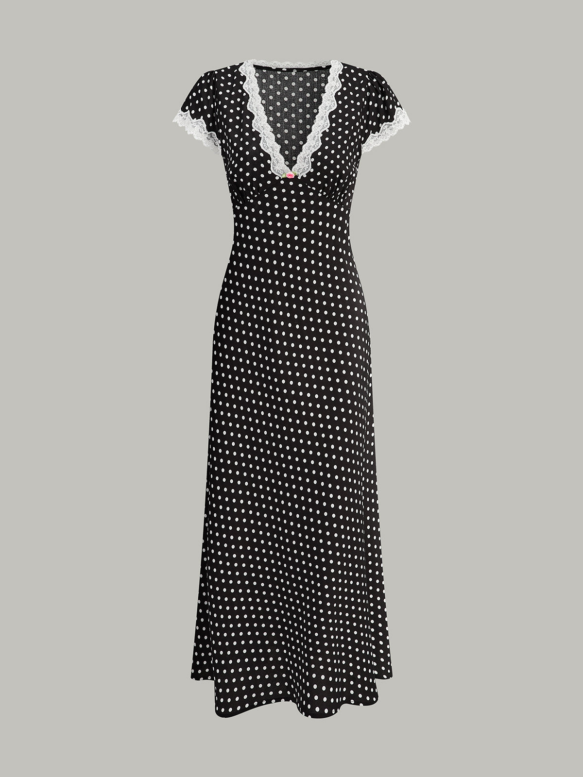 Polka Dot Lace-Trim V-Neck Maxi Dress