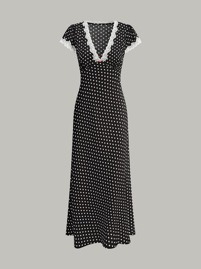 Polka Dot Lace-Trim V-Neck Maxi Dress