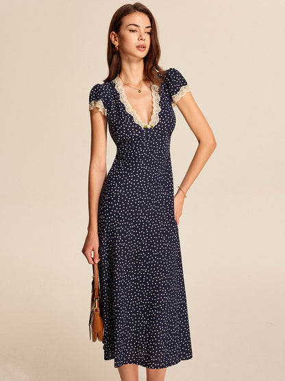 Polka Dot Lace-Trim V-Neck Maxi Dress