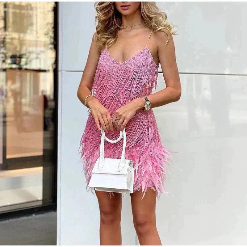 Sequined & Feather-Trim Mini Summer Evening Dress for Women