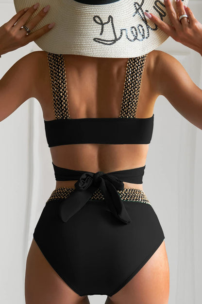 High-Waisted Bikini with Elegant Golden Cross Straps