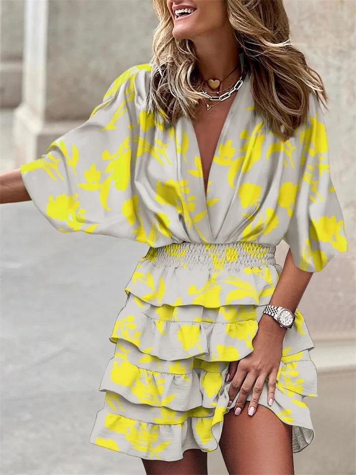 Floral V-Neck Dress with Ruffles and Batwing Sleeves