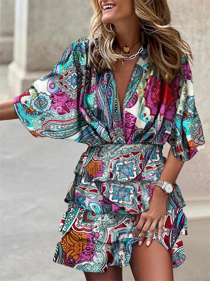 Floral V-Neck Dress with Ruffles and Batwing Sleeves