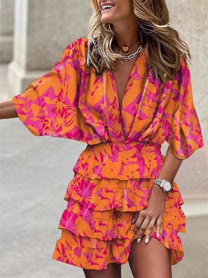 Floral V-Neck Dress with Ruffles and Batwing Sleeves
