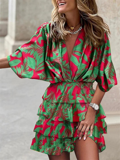Floral V-Neck Dress with Ruffles and Batwing Sleeves