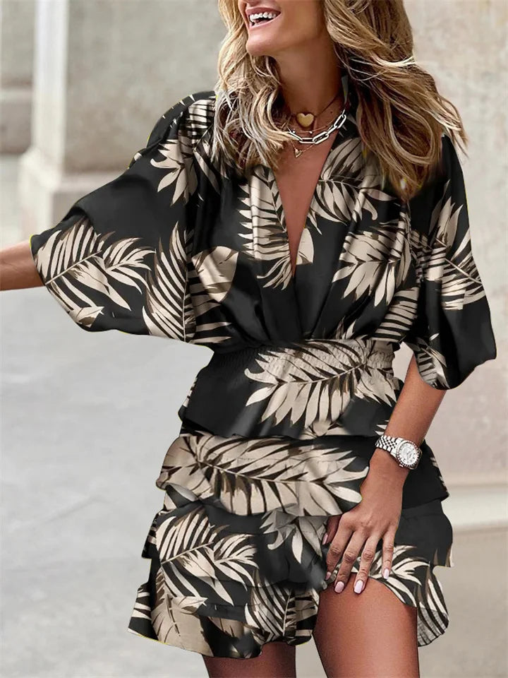 Floral V-Neck Dress with Ruffles and Batwing Sleeves