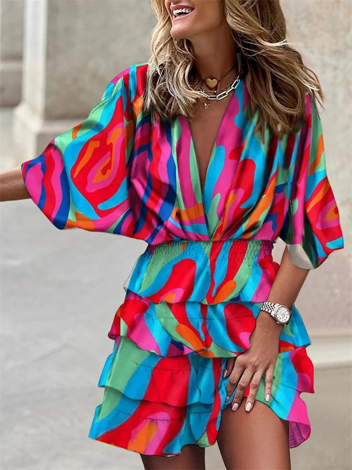 Floral V-Neck Dress with Ruffles and Batwing Sleeves