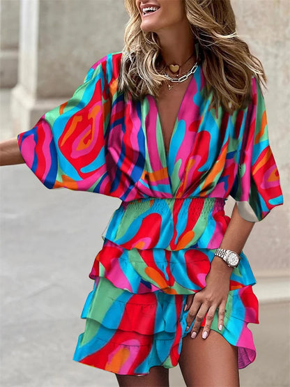 Floral V-Neck Dress with Ruffles and Batwing Sleeves