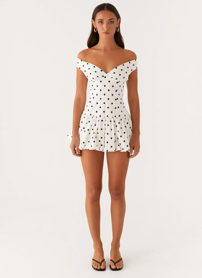 Off-Shoulder Polka Dot Peplum Mini Dress