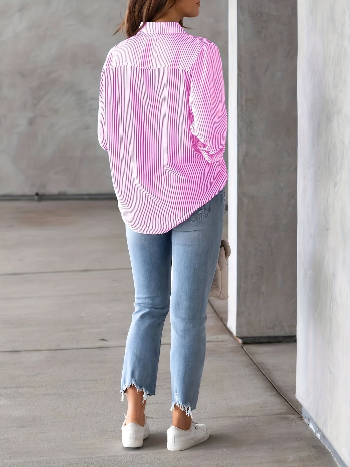 Elegant Striped Buttoned Polo Blouse