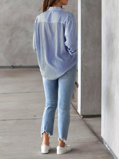 Elegant Striped Buttoned Polo Blouse