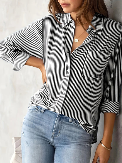Elegant Striped Buttoned Polo Blouse