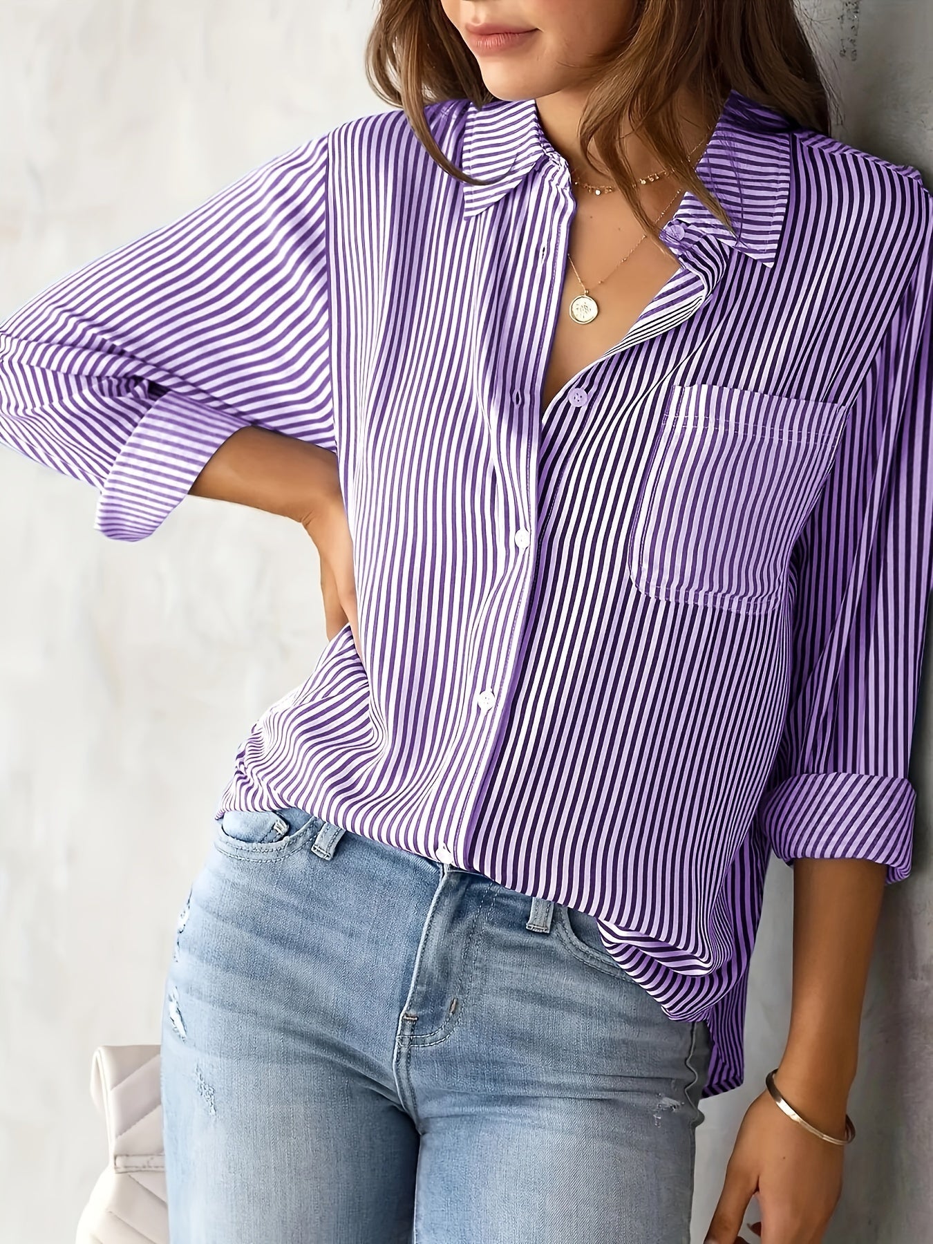 Elegant Striped Buttoned Polo Blouse