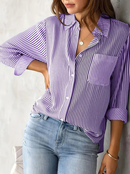 Elegant Striped Buttoned Polo Blouse
