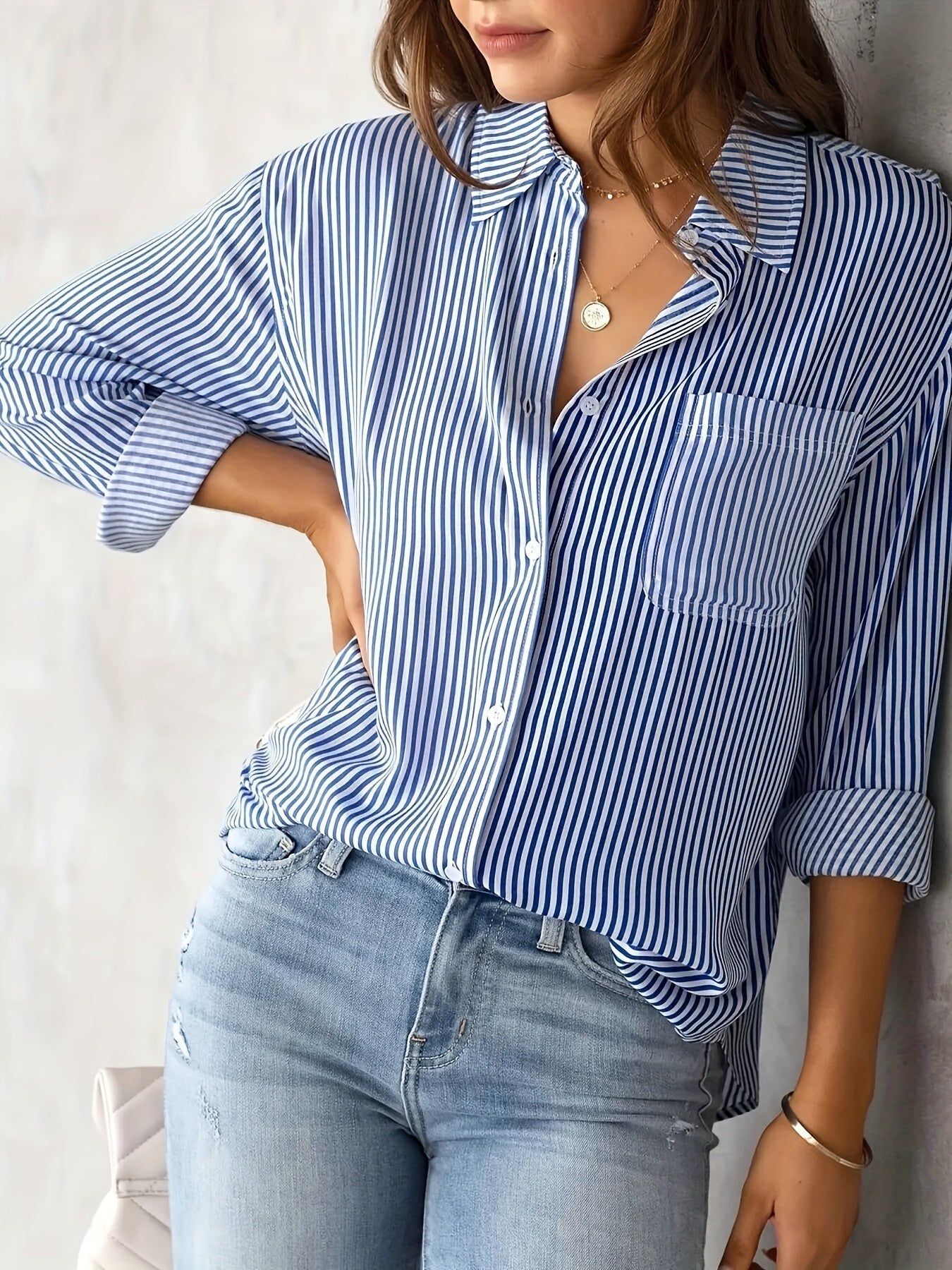 Elegant Striped Buttoned Polo Blouse